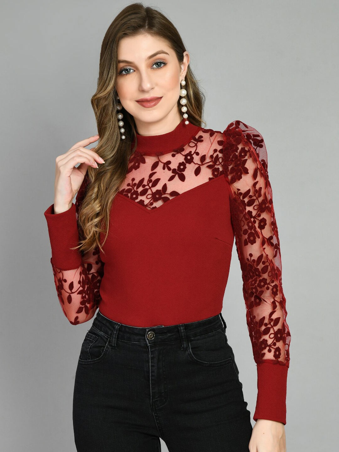 

IUGA Self Design High Neck Puff Sleeves Top, Maroon