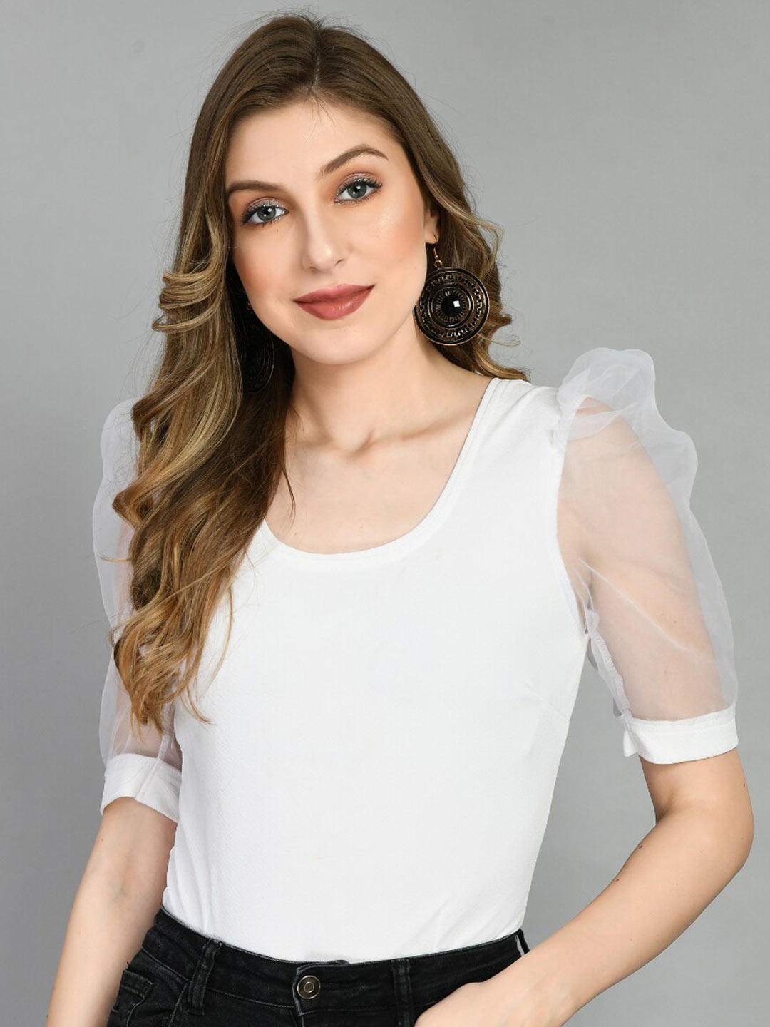 

IUGA Round Neck Puff Sleeves Top, White
