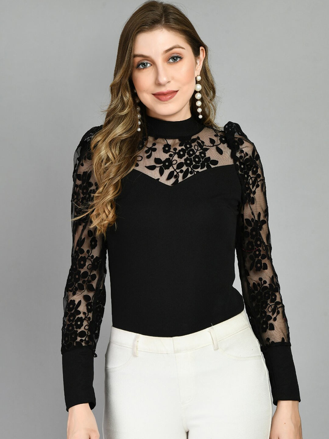 

IUGA Self Design High Neck Puff Sleeves Top, Black