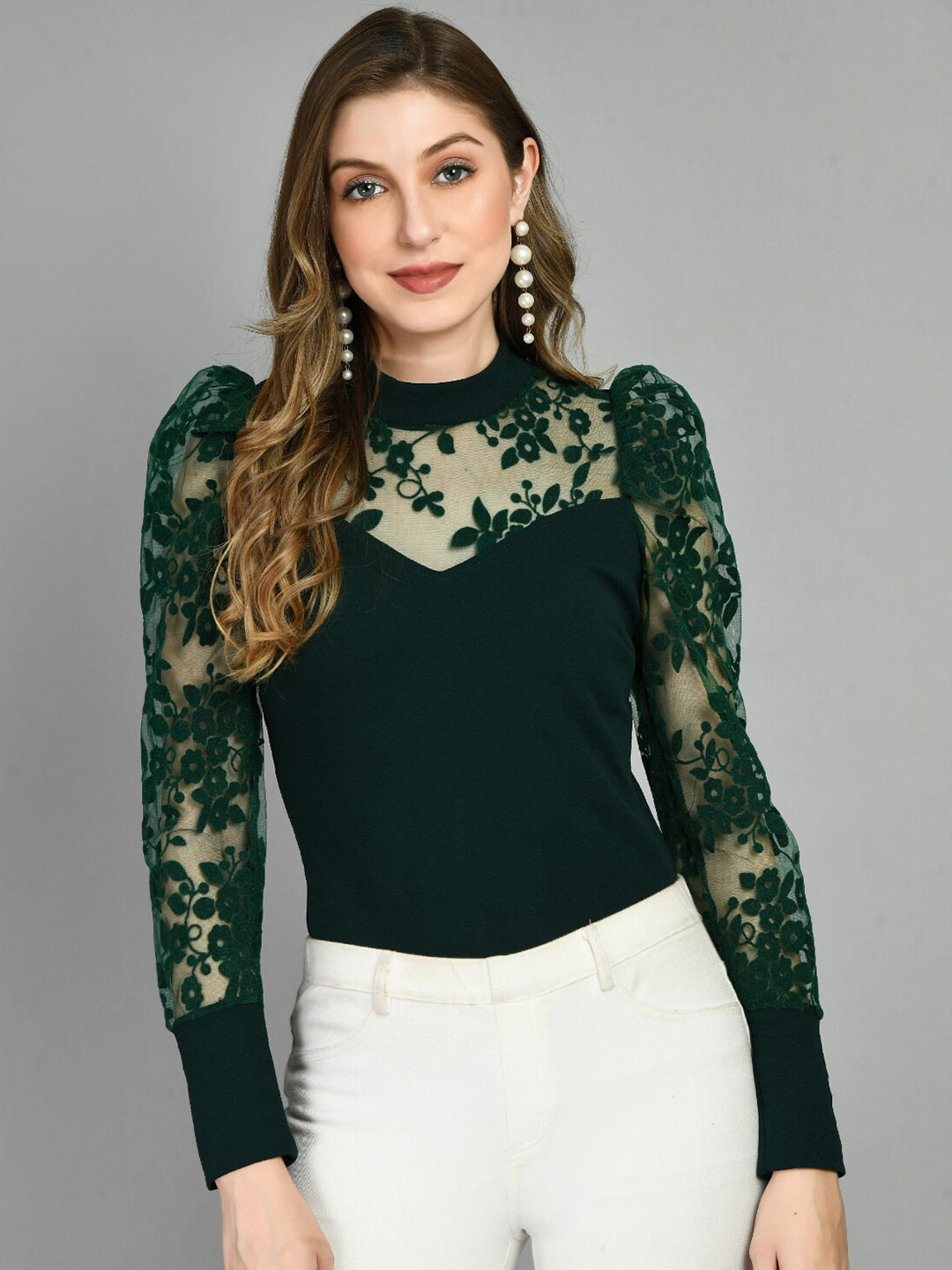 

IUGA Self Design High Neck Puff Sleeves Top, Green