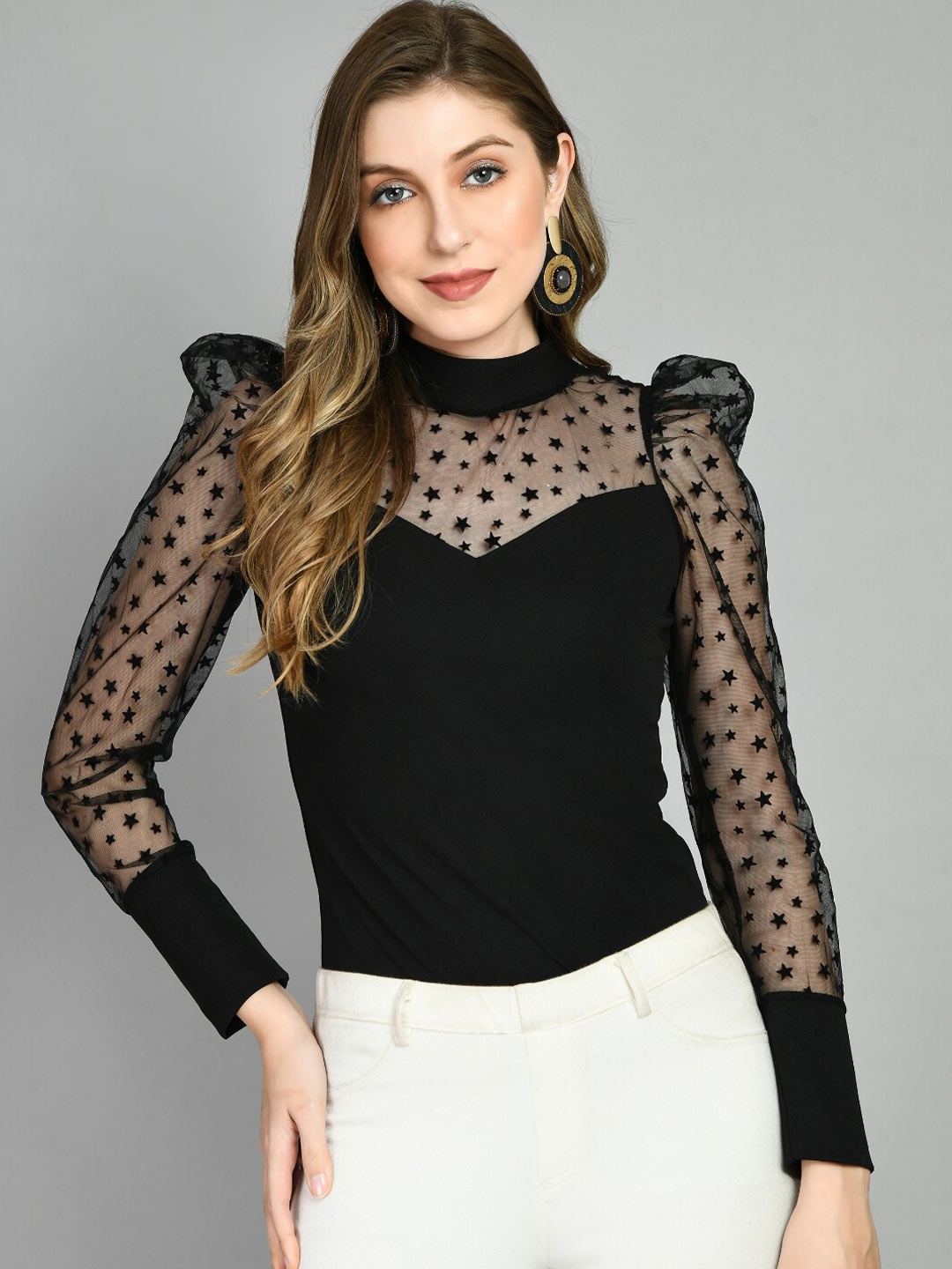 

IUGA Puff Sleeve High Neck Semi-Sheer Top, Black