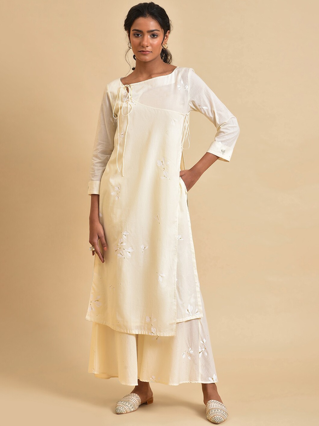 

W Floral Printed Angrakha Tie Ups Detail Pure Cotton Kurta with Palazzos, White