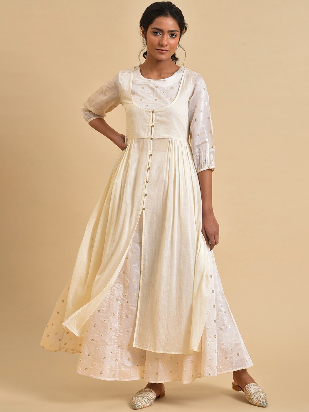 

W Floral Printed Layered Kurta with Palazzos, White