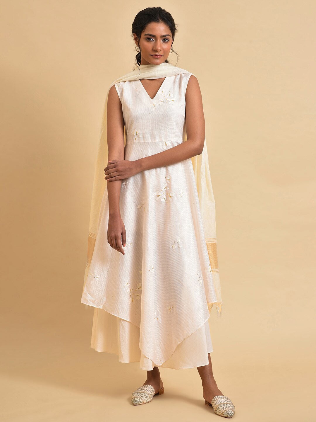 

W Floral Printed V-Neck Fit & Flare Midi Dress With Dupatta, White