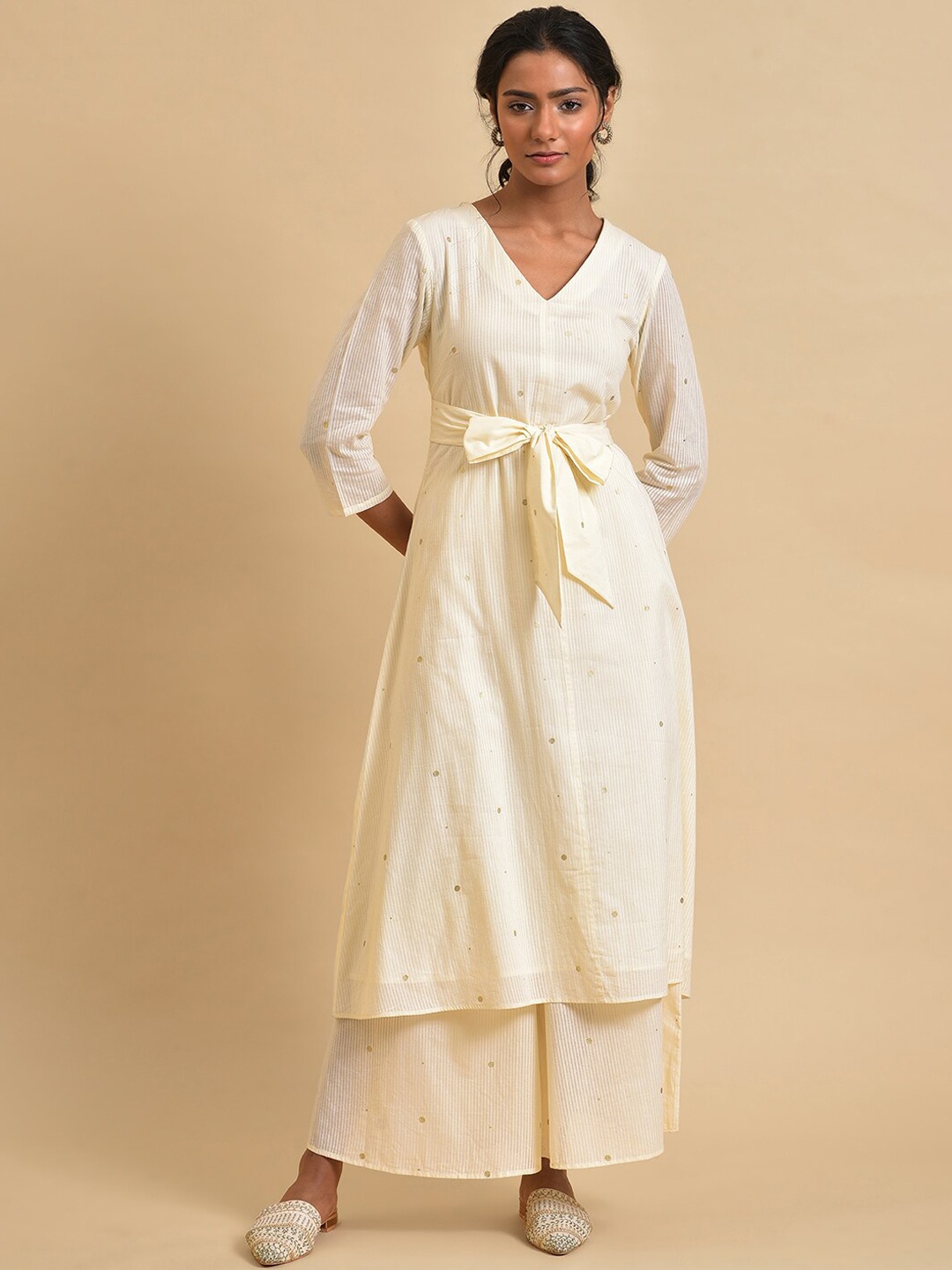 

W Striped V-Neck Pure Cotton Kurta with Palazzos, White