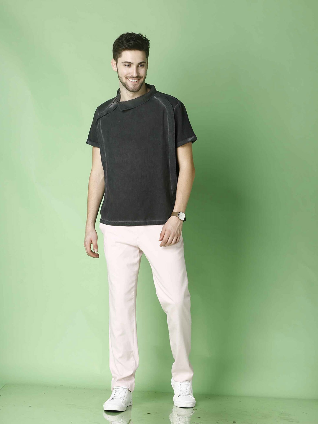 

MKOAL Spread Collar Side Open Casual Shirt, Black