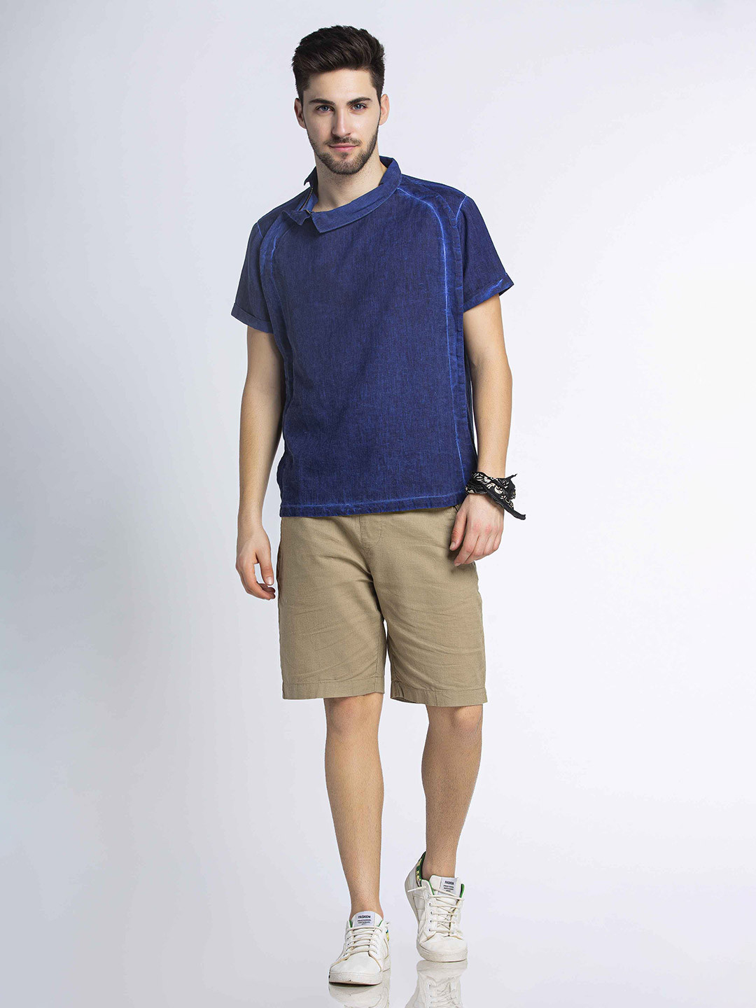 

MKOAL Spread Collar Side Open Casual Shirt, Navy blue