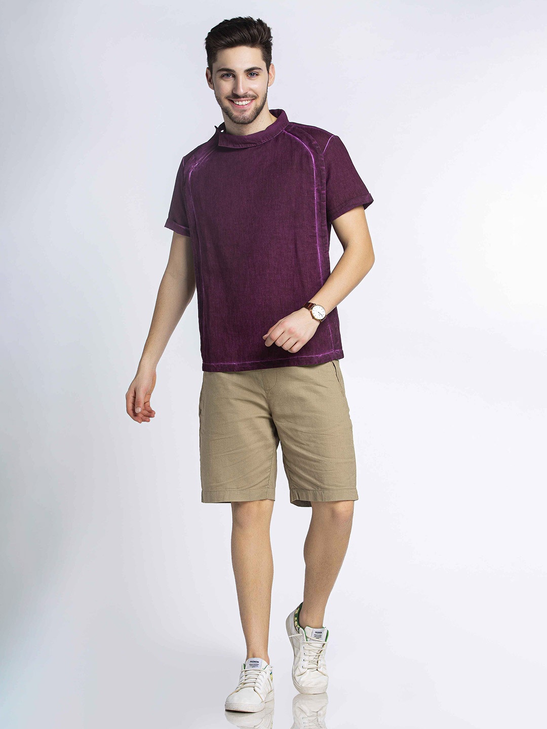 

MKOAL Spread Collar Cotton Linen Casual Shirt, Purple