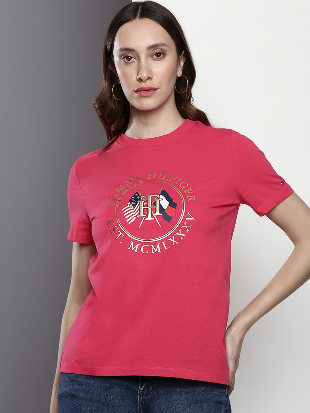 

Tommy Hilfiger Typography Printed Pure Cotton T-Shirt, Pink