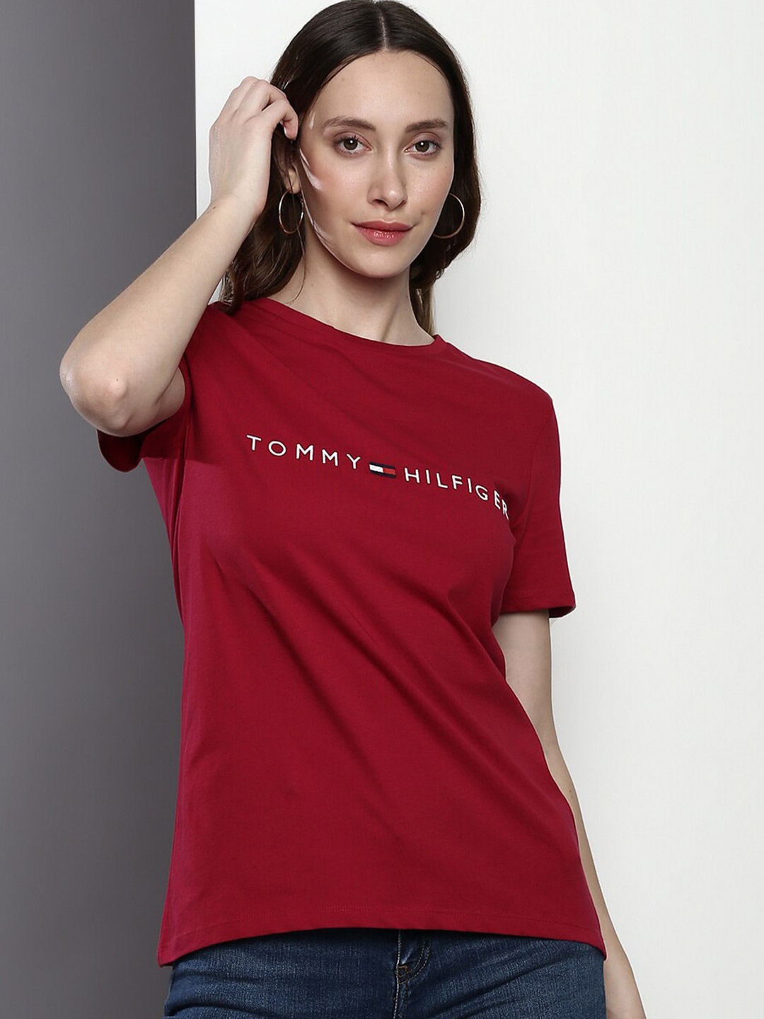 

Tommy Hilfiger Typography Printed Round Neck Pure Cotton T-shirt, Maroon