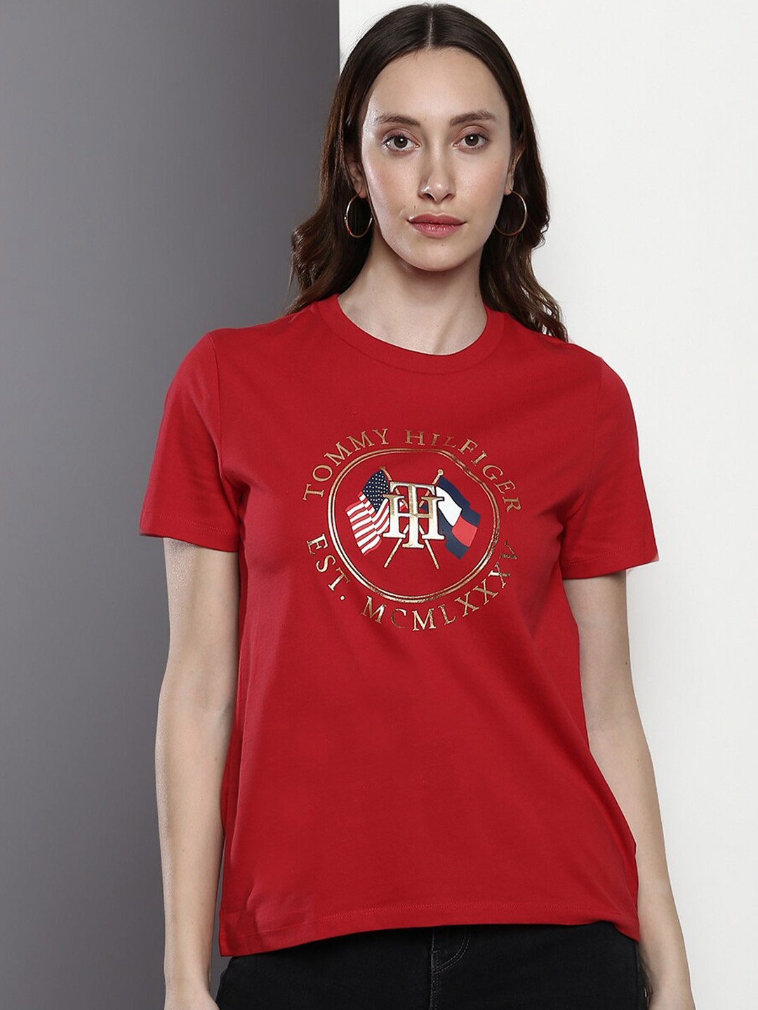 

Tommy Hilfiger Graphic Printed Round Neck Pure Cotton T-shirt, Red
