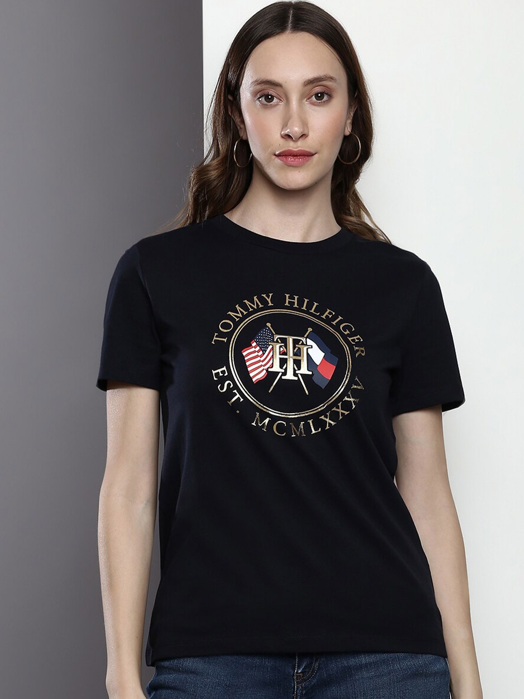 

Tommy Hilfiger Typography Printed Round Neck Pure Cotton T-shirt, Navy blue