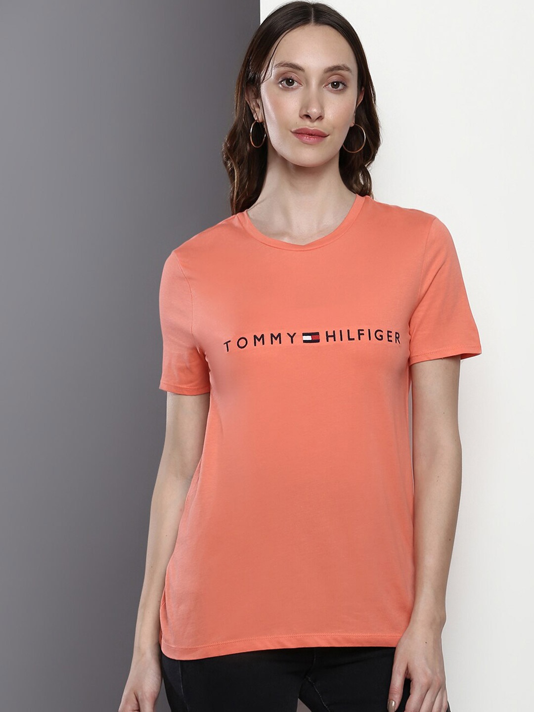 

Tommy Hilfiger Typography Printed Short Sleeves Cotton Casual T-shirt, Peach