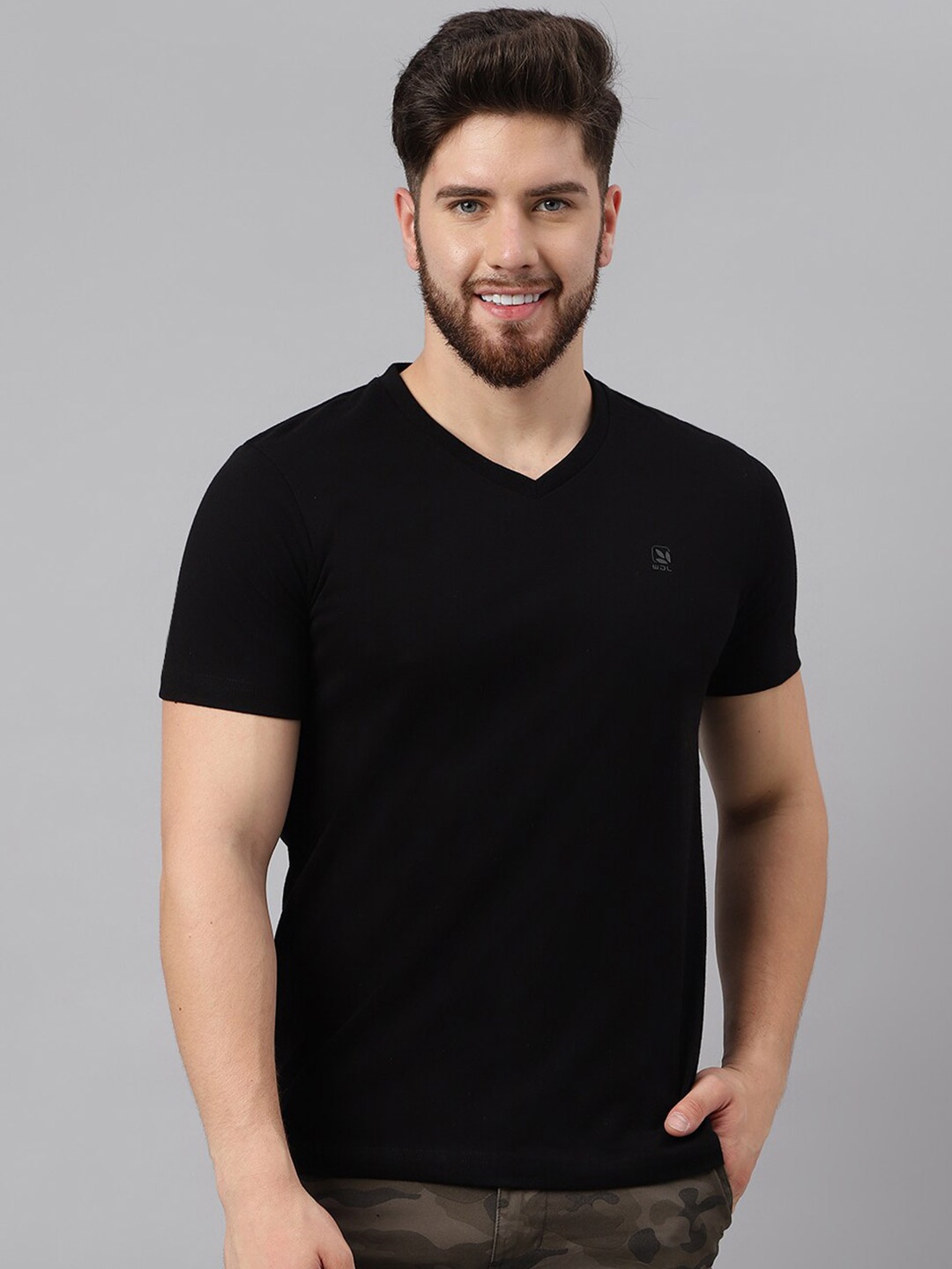 

Woodland V-Neck Pure Cotton Casual T-Shirt, Black