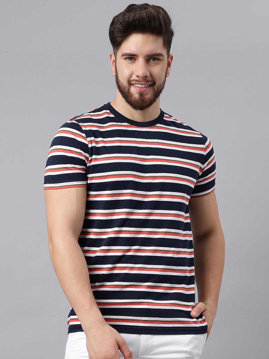 

Woodland Striped Round Neck Pure Cotton T-Shirt, Navy blue