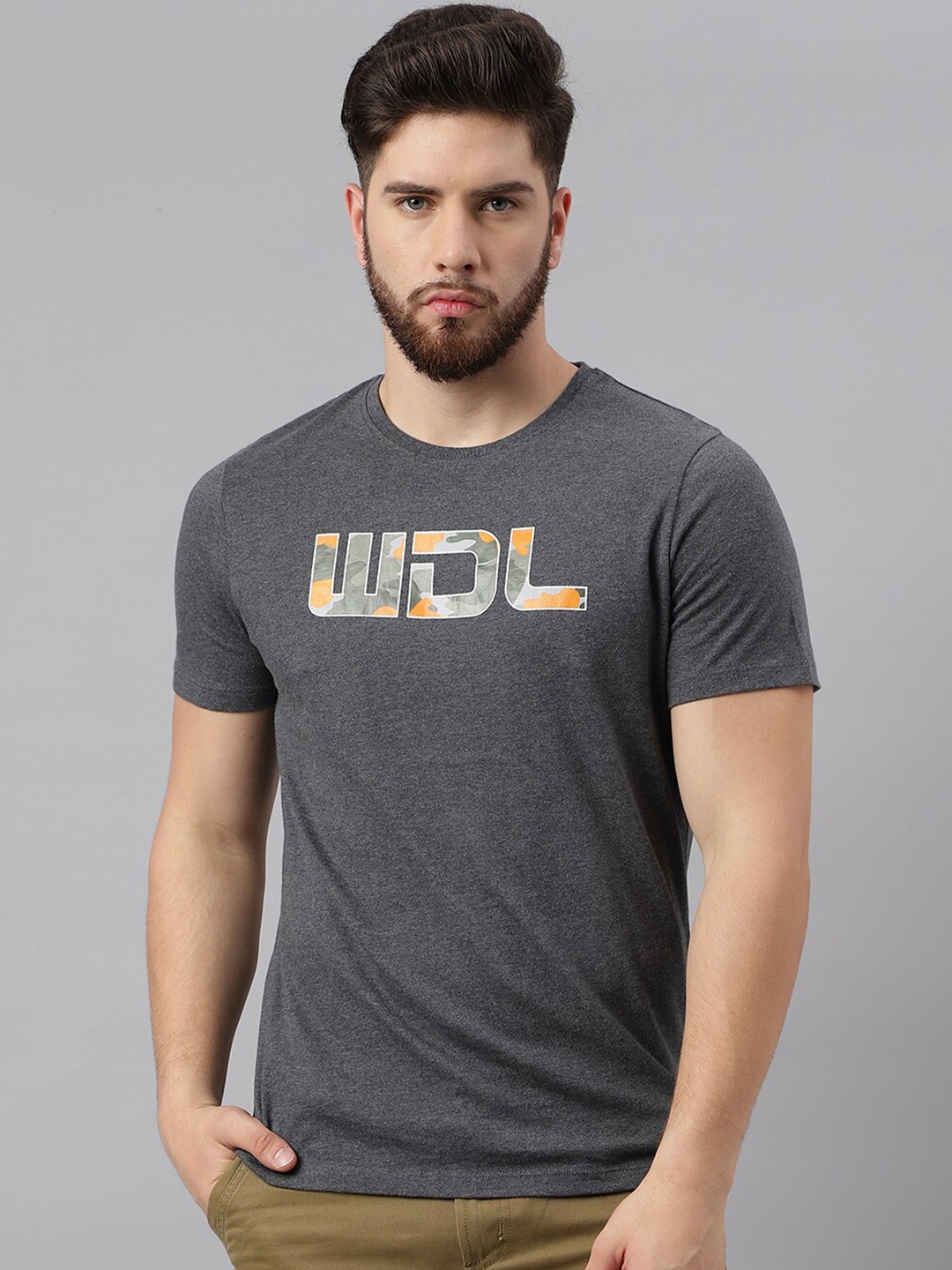 

Woodland Typography Printed Round Neck Cotton T-shirt, Grey