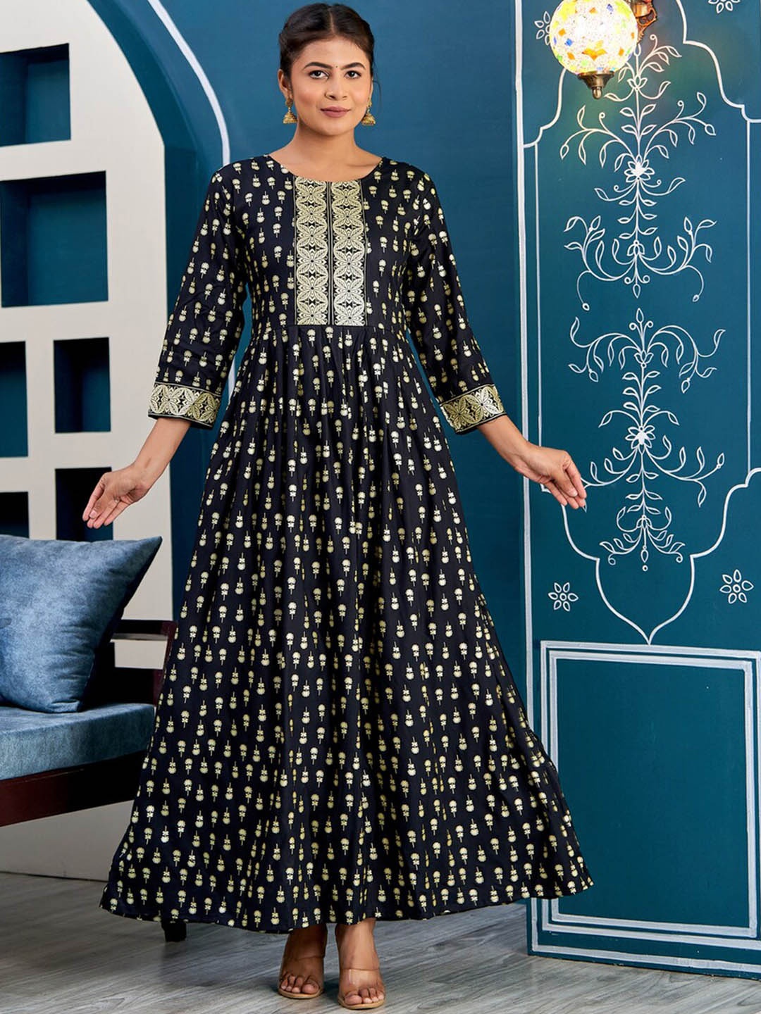 

SURHI Floral Printed Anarkali Ethnic Dress, Black