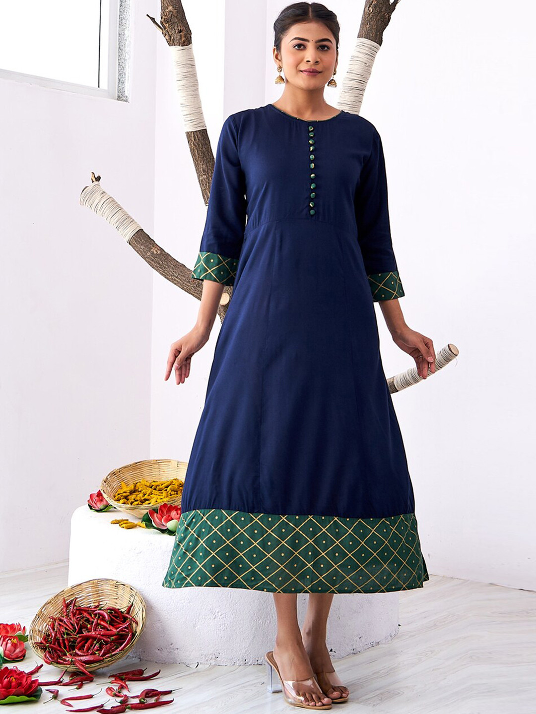 

SURHI Round Neck Midi A-Line Ethnic Dress, Blue