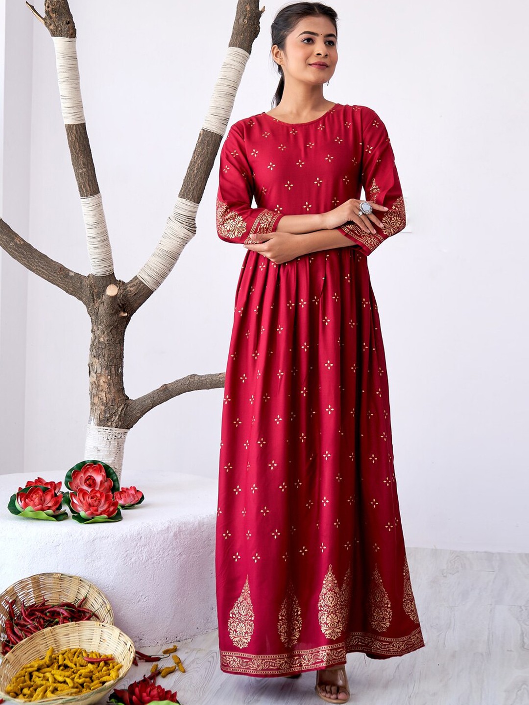 

SURHI Ethnic Motifs Printed Maxi Fit & Flare Ethnic Dress, Maroon