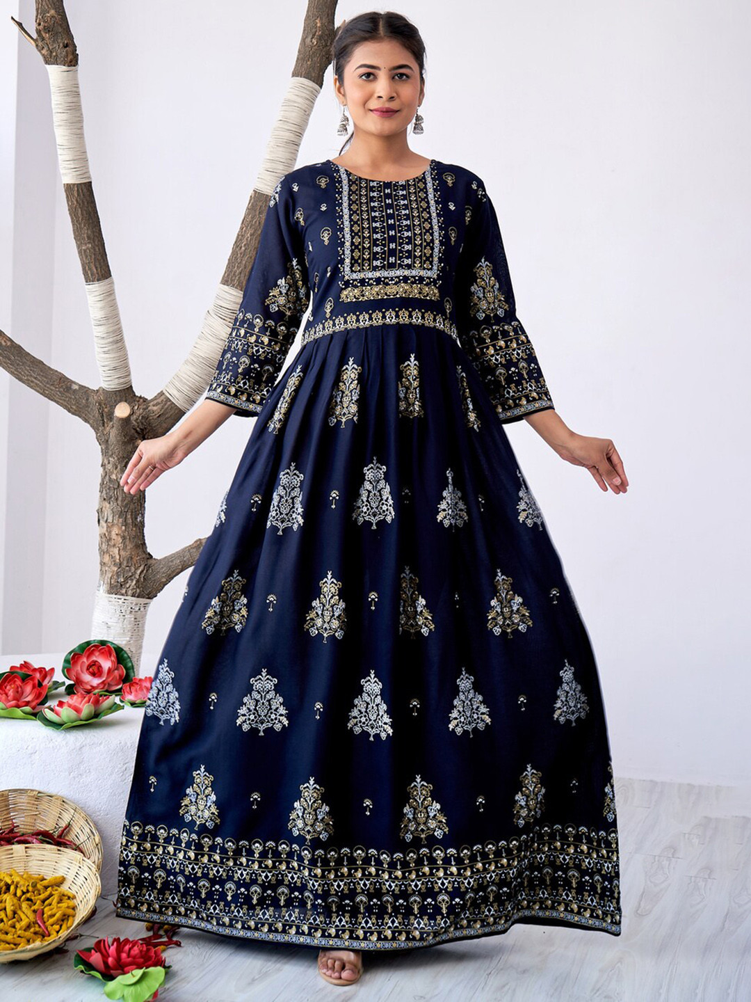 

SURHI Printed Maxi A-Line Ethnic Dress, Navy blue