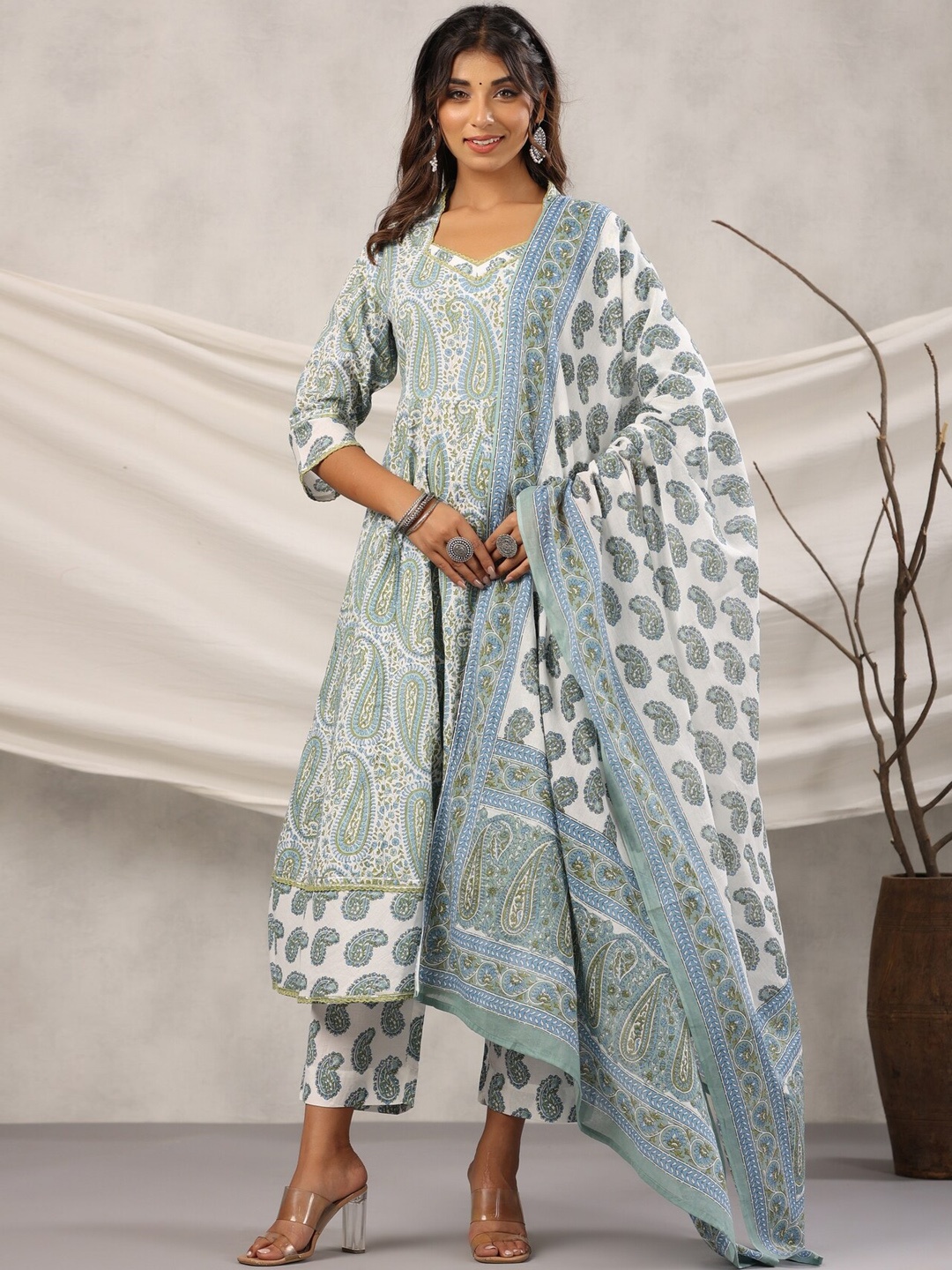 

EtnicaWear Paisley Printed Pure Cotton Anarkali Kurta With Trousers & Dupatta, Green