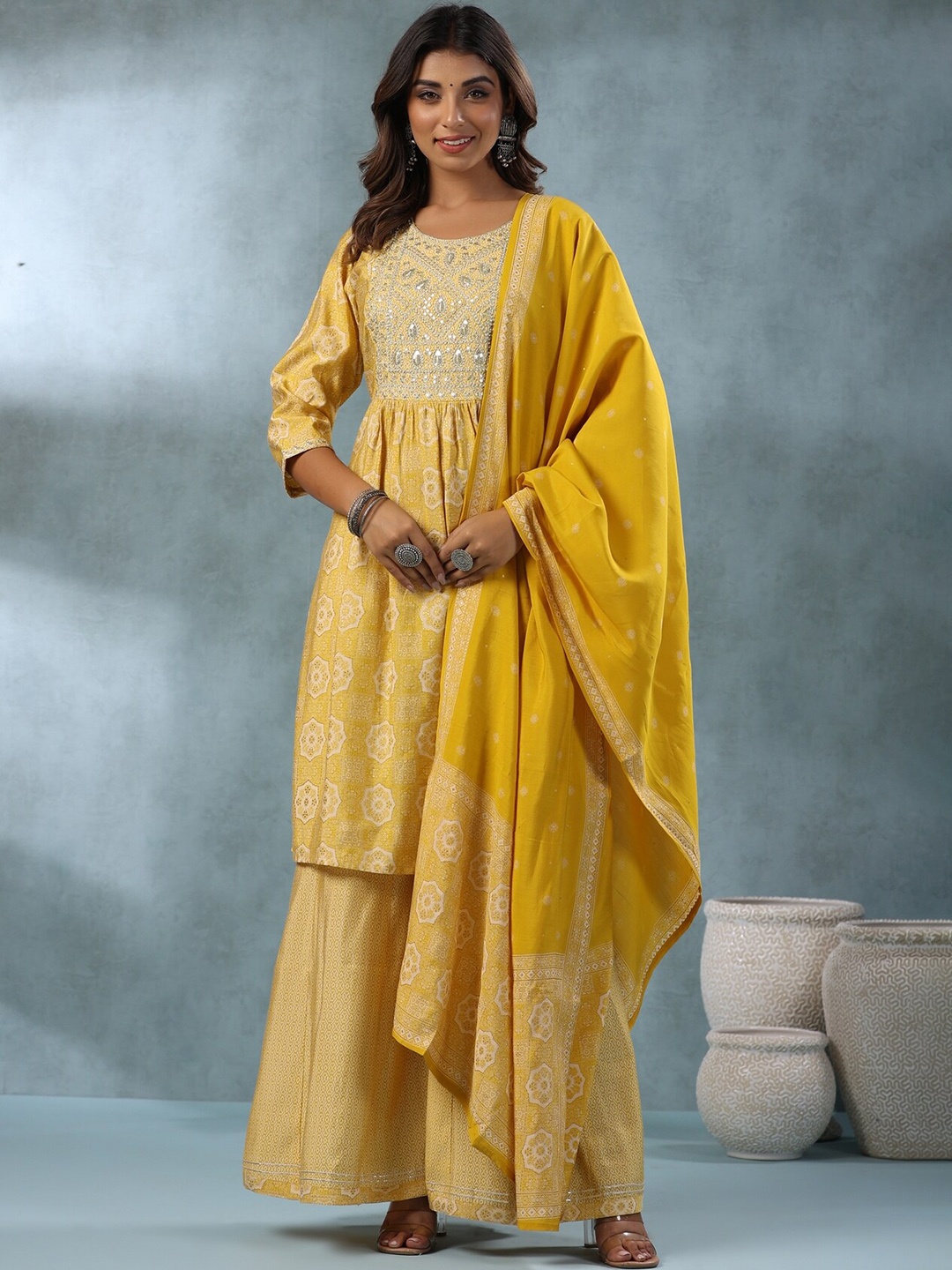 

EtnicaWear Floral Printed Sequinned Pure Cotton Kurta With Sharara & Dupatta, Yellow