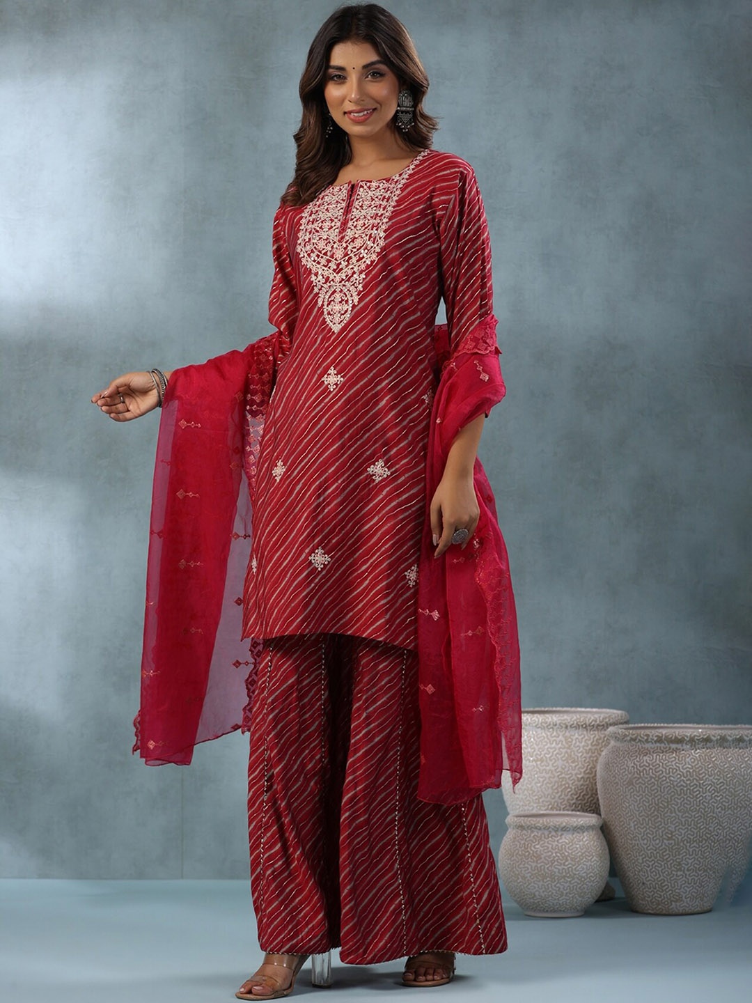 

EtnicaWear Leheriya Printed Thread Work Pure Cotton Kurta With Sharara & Dupatta, Red
