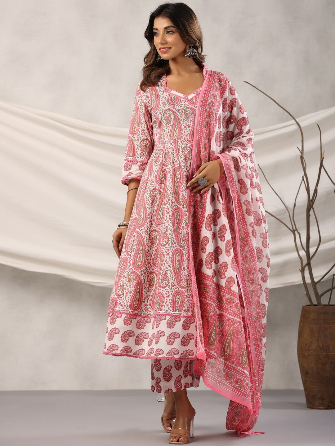 

EtnicaWear Floral Printed Pure Cotton Anarkali Kurta With Trousers & Dupatta, Pink