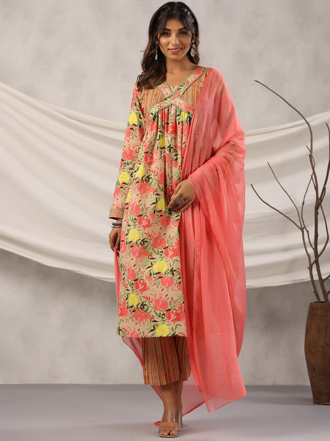 

EtnicaWear Floral Printed V Neck Pure Cotton A-Line Kurta With Trousers & Dupatta, Pink