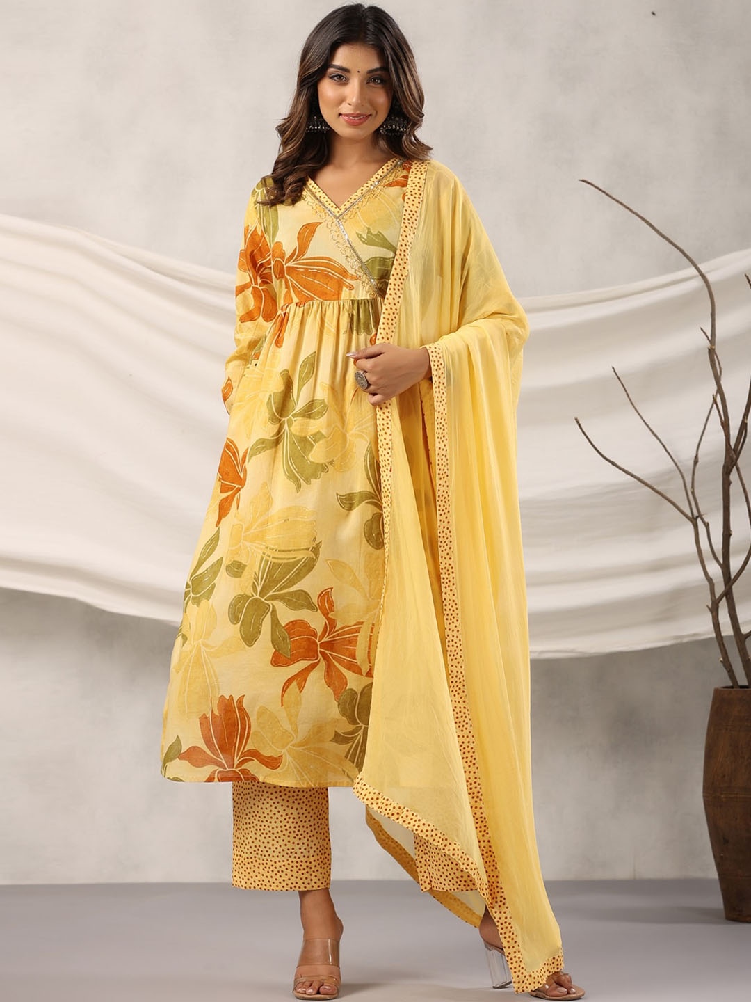 

EtnicaWear Printed V Neck Sequinned Pure Cotton A-Line Kurta With Trousers & Dupatta, Yellow