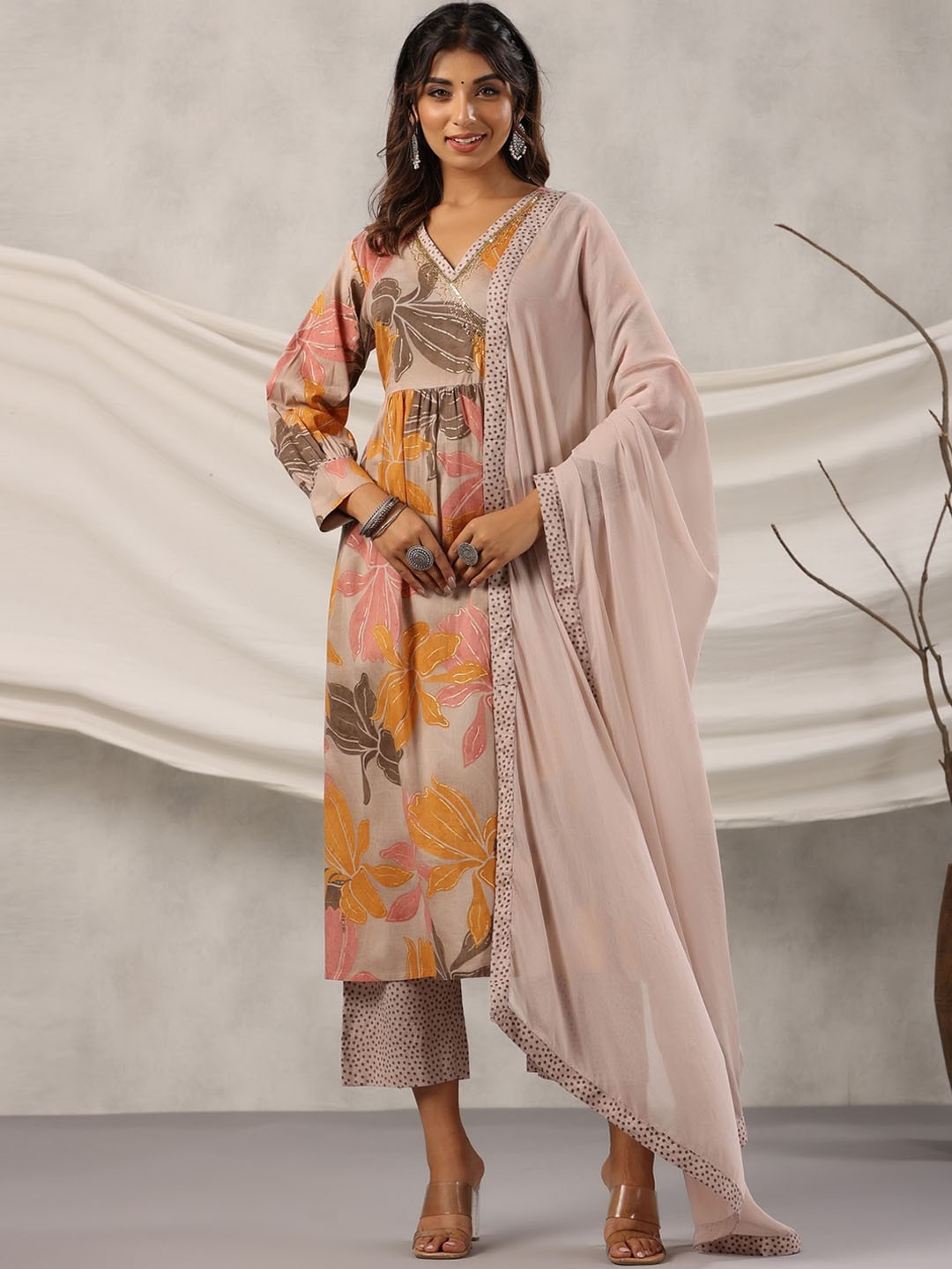 

EtnicaWear Printed V Neck Sequinned Pure Cotton A-Line Kurta With Palazzos & Dupatta, Pink