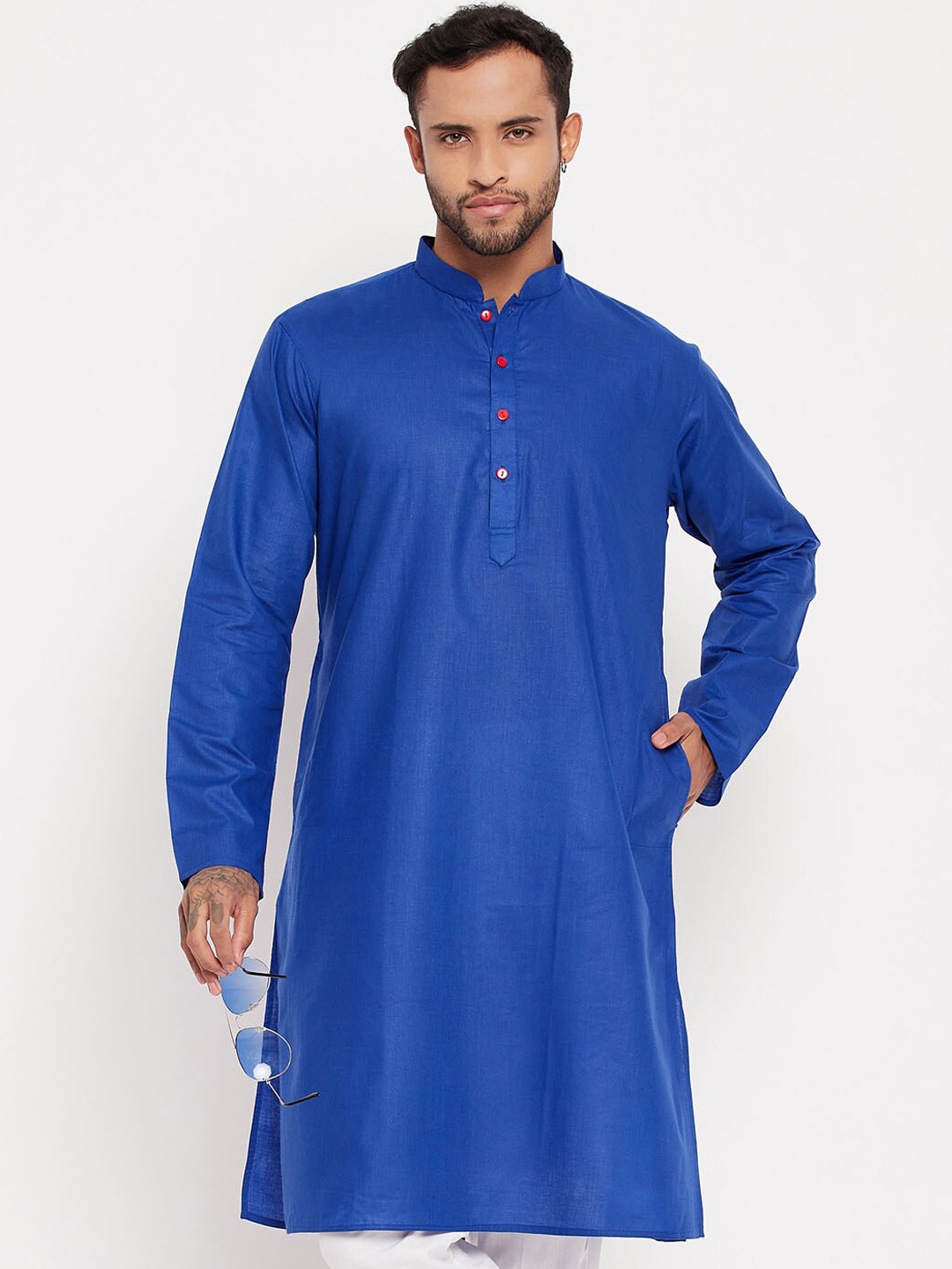

VASTRAMAY Long Sleeves Mandarin Collar Straight Kurta, Blue