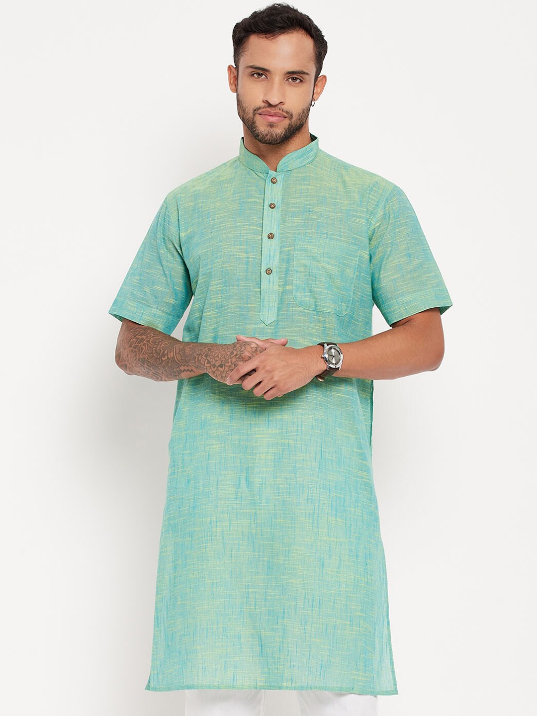 

VASTRAMAY Mandarin Collar Straight Pure Cotton Kurta, Sea green