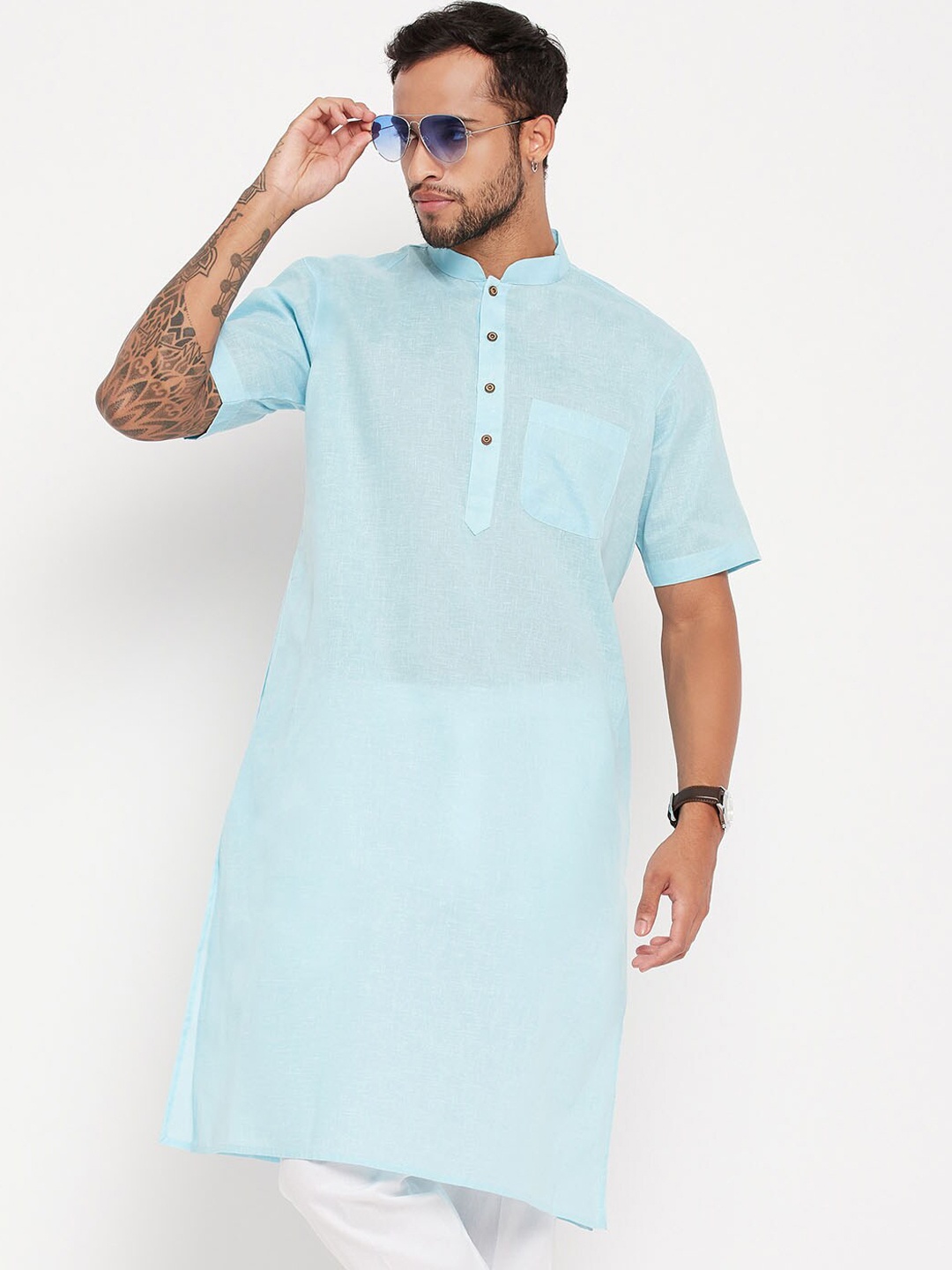 

VASTRAMAY Men Mandarin Collar Straight Kurta, Turquoise blue