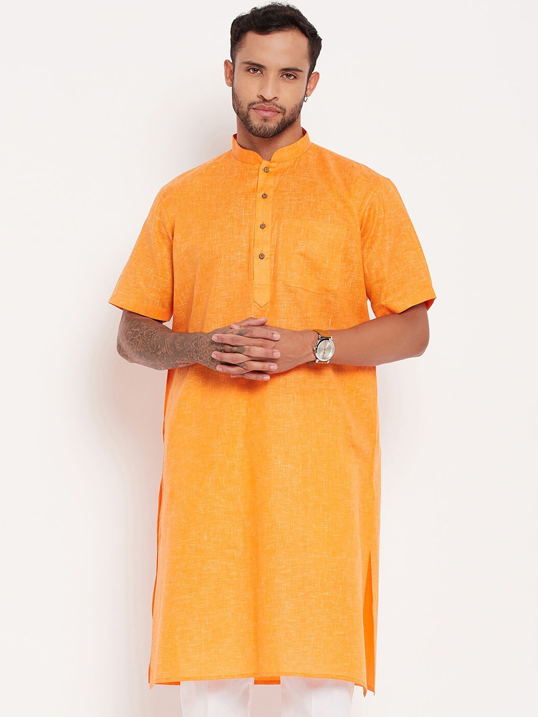 

VASTRAMAY Short Sleeves Mandarin Collar Straight Kurta, Orange