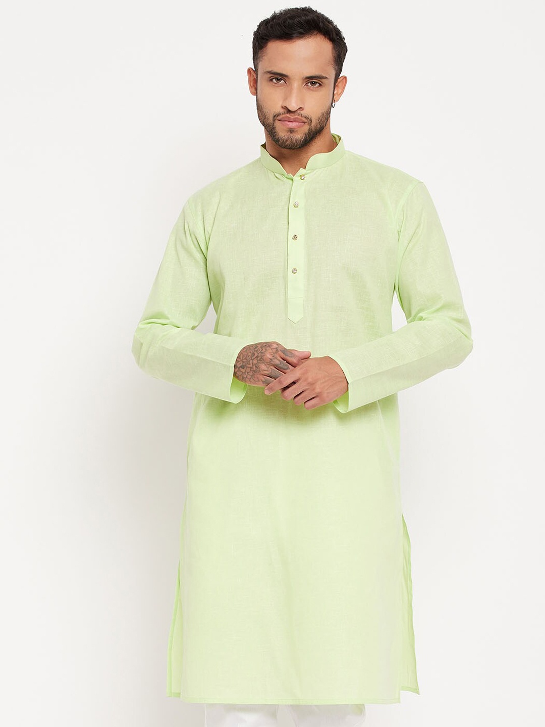 

VASTRAMAY Mandarin Collar Straight Kurta, Lime green