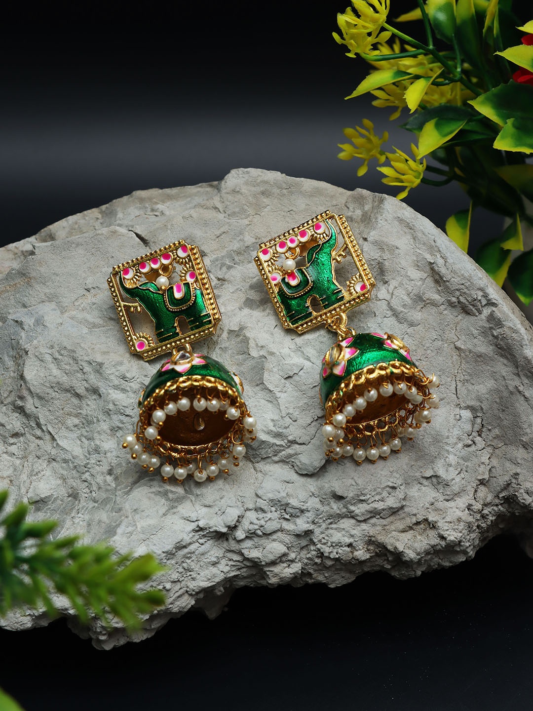 

Ozanoo Gold Plated Kundan Studded Meenakari Jhumkas Earrings