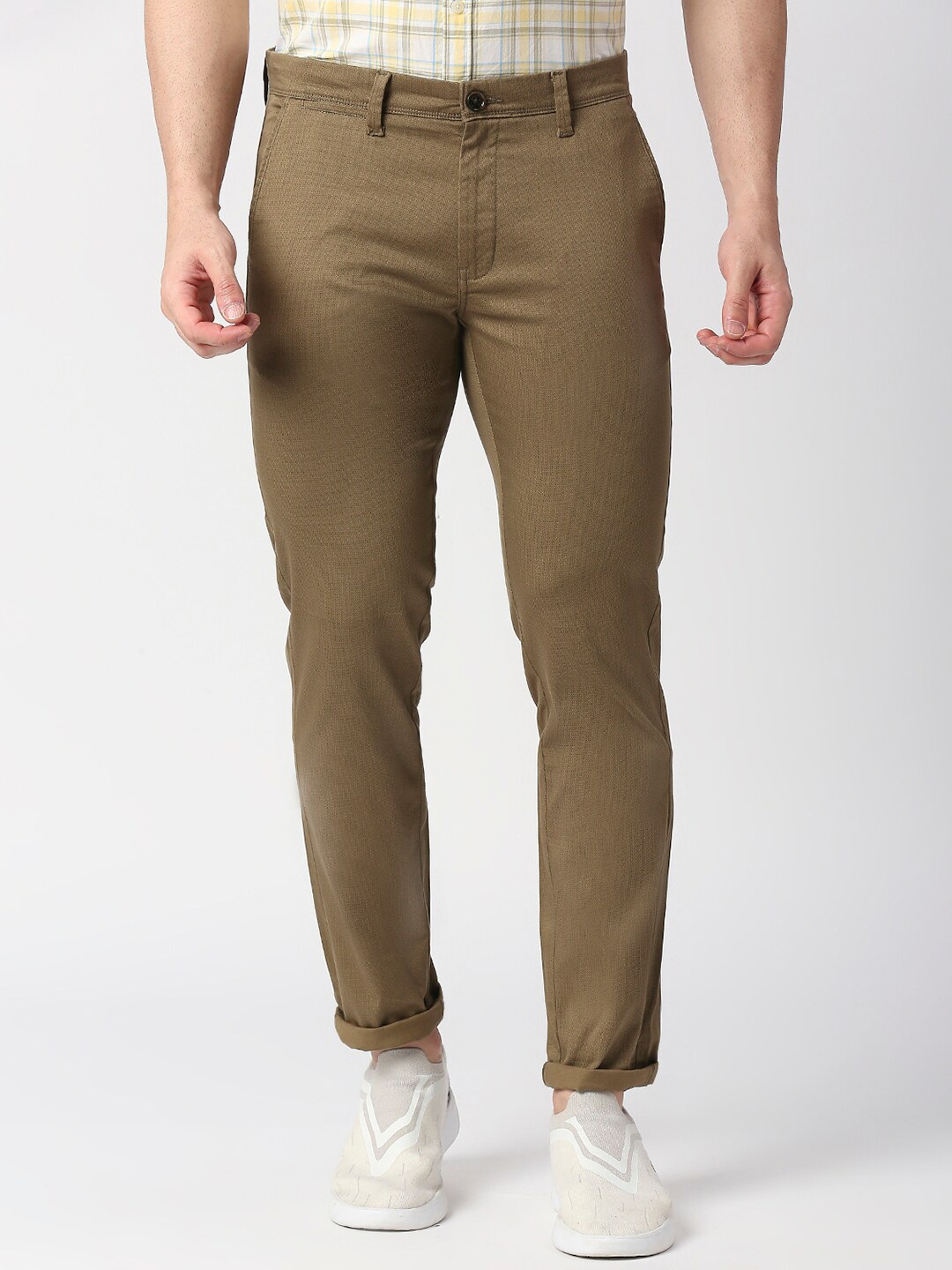 

DRAGON HILL Men Mid Rise Plain Cotton Slim Fit Trousers, Green
