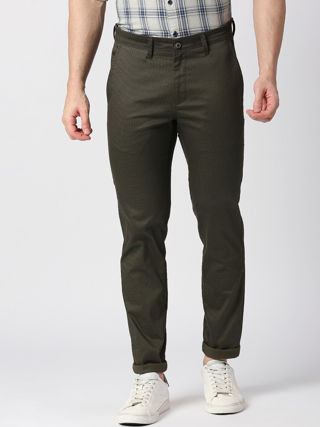 

DRAGON HILL Men Mid Rise Plain Cotton Slim Fit Trousers, Olive