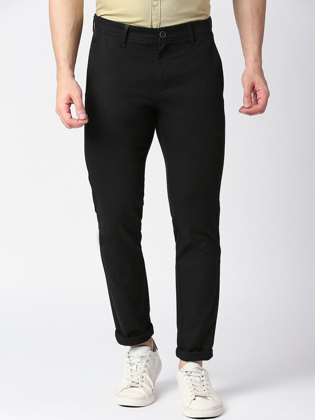 

DRAGON HILL Men Mid Rise Plain Cotton Slim Fit Trousers, Black