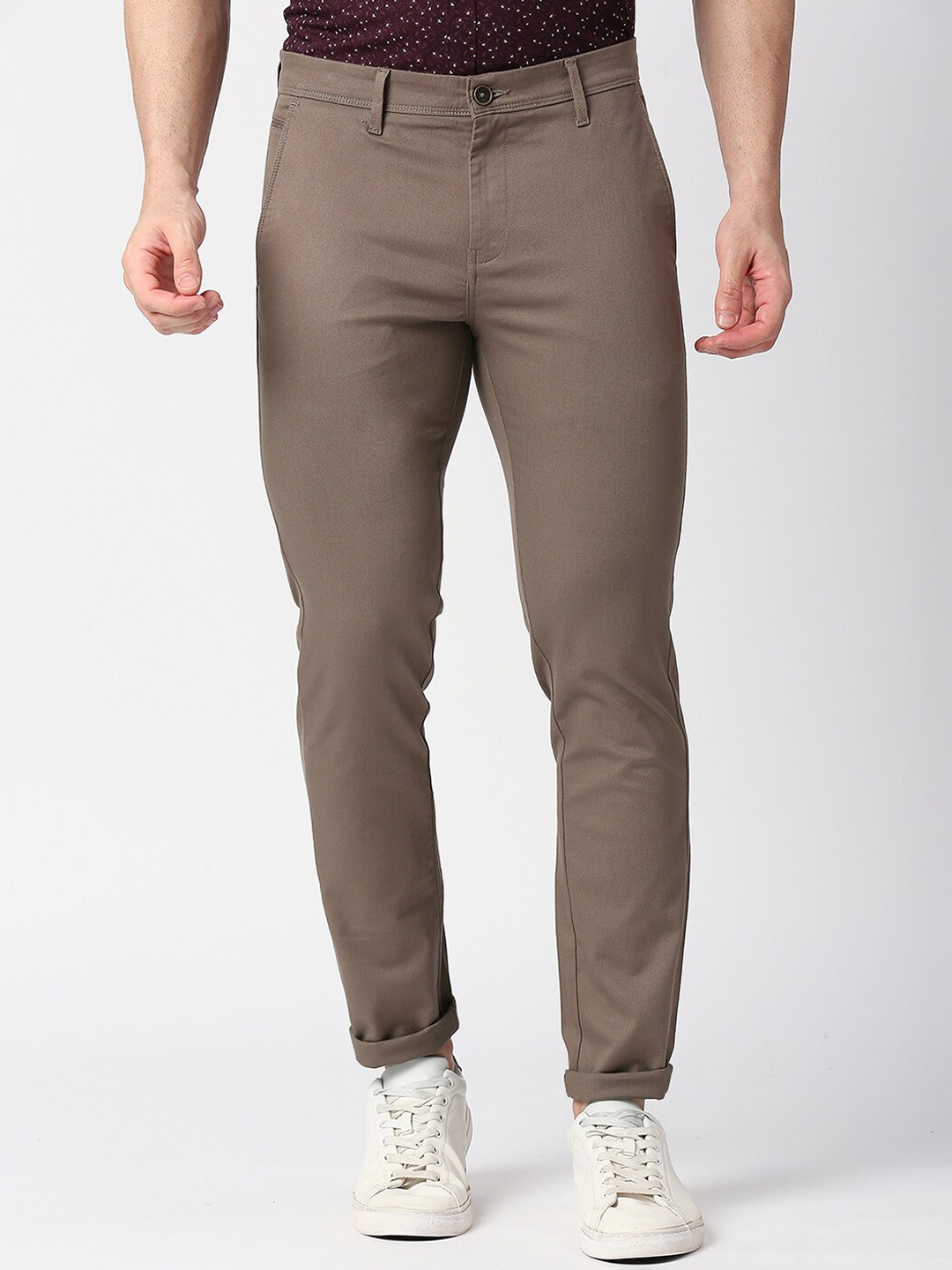 

DRAGON HILL Men Mid Rise Plain Cotton Slim Fit Trousers, Brown