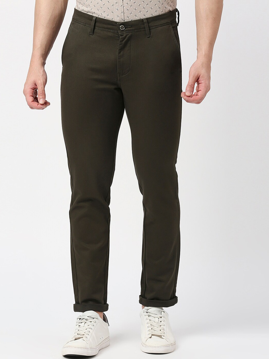 

DRAGON HILL Men Mid Rise Plain Cotton Slim Fit Trousers, Olive