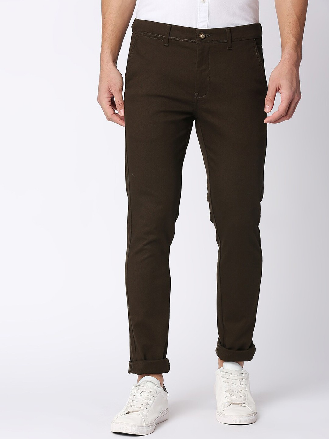 

DRAGON HILL Men Mid Rise Plain Cotton Slim Fit Trousers, Brown
