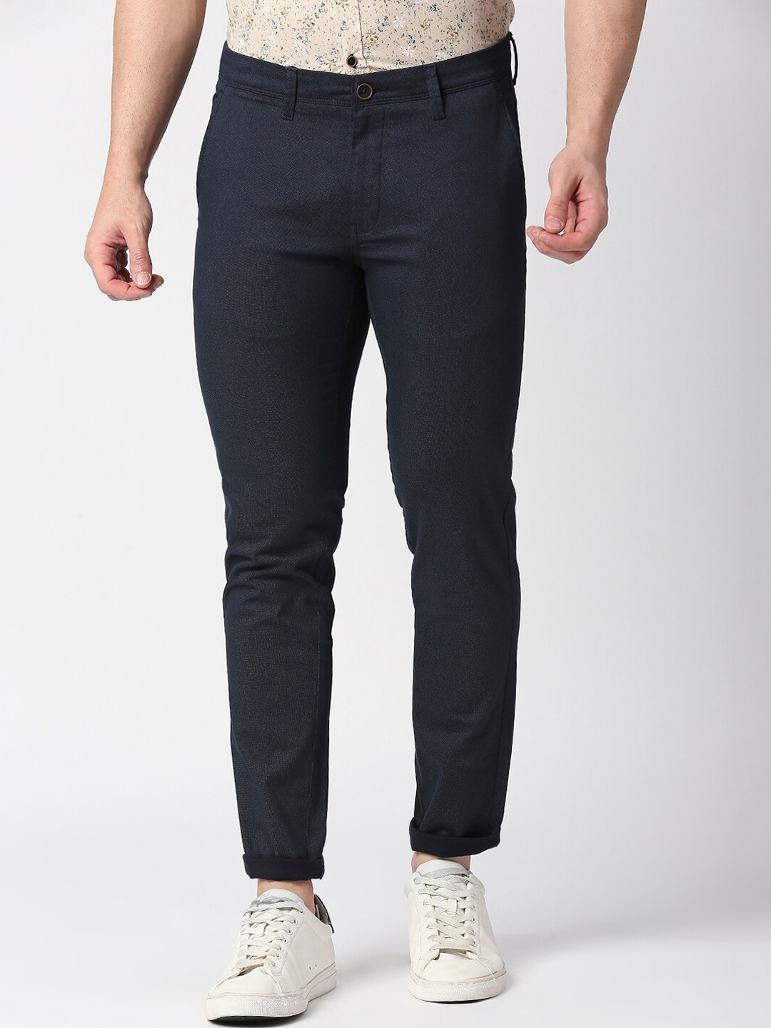 

DRAGON HILL Men Mid Rise Plain Cotton Slim Fit Trousers, Navy blue