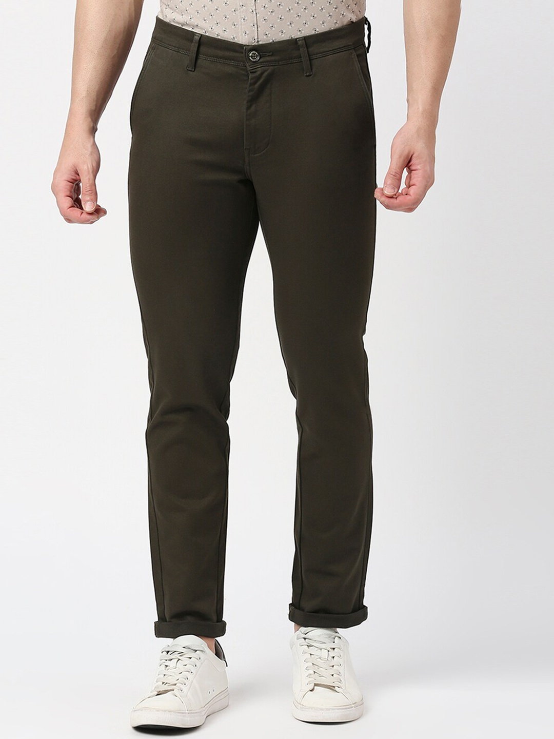 

DRAGON HILL Men Mid Rise Plain Cotton Slim Fit Trousers, Olive