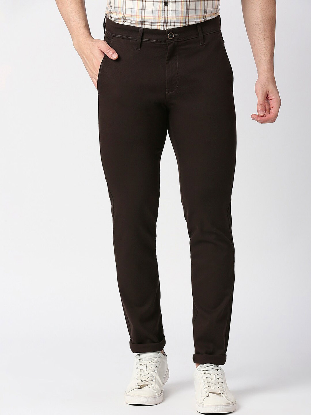 

DRAGON HILL Men Mid-Rise Slim Fit Cotton Chinos Trousers, Brown
