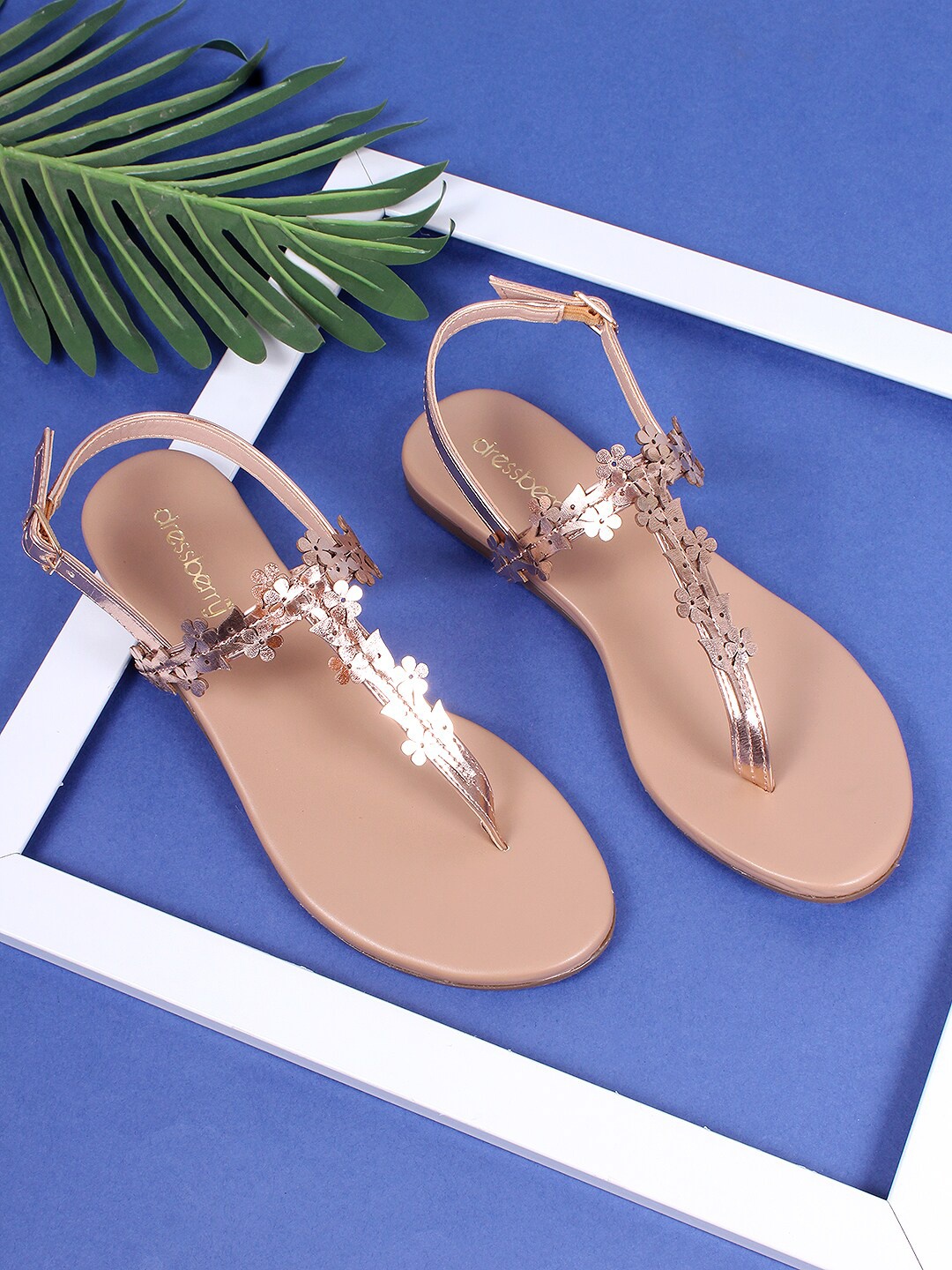 

DressBerry Rose Gold-Toned Embellished T-Strap Flats