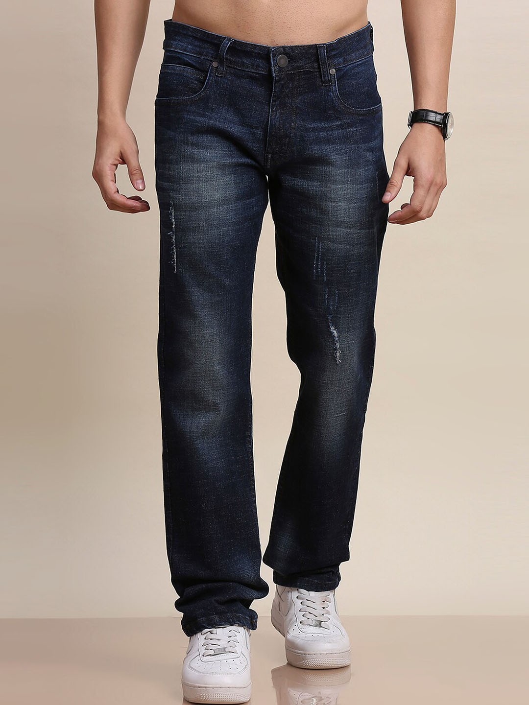 

Moda Rapido Men Smart Skinny Fit Low Distress Light Fade Cotton Jeans, Navy blue