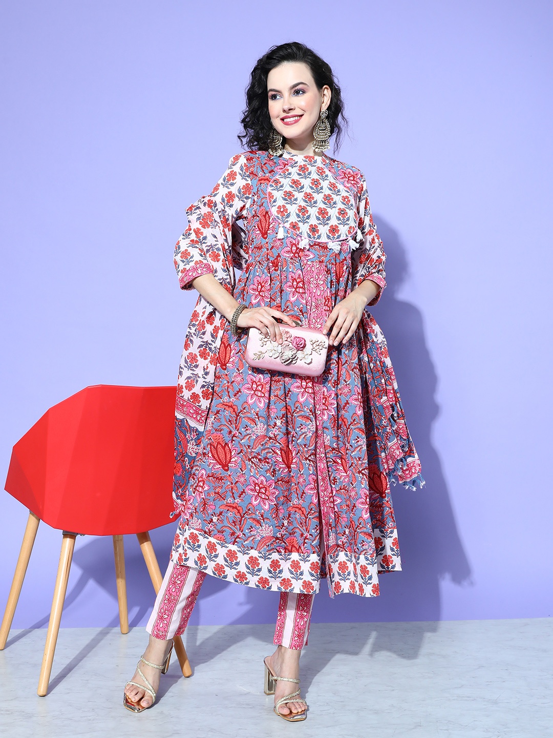 

all about you Floral Printed Mirror Work Pure Cotton Kurta With Trousers & Dupatta, Blue