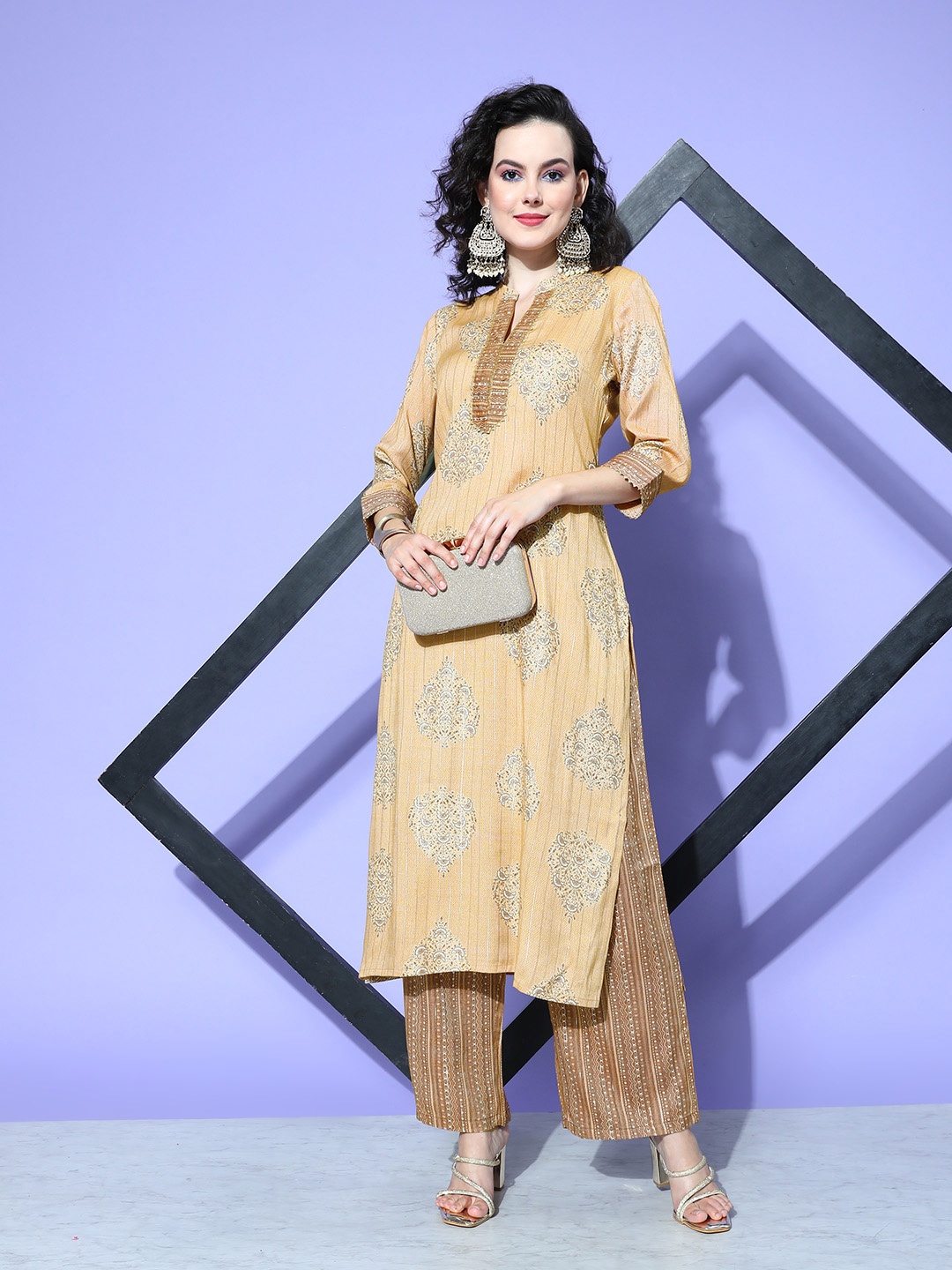 

all about you Beige Floral Printed Regular Gotta Patti Liva Kurta With Palazzos